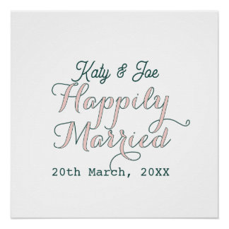 happily married turqoise pink pastel wedding name poster