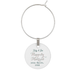 happily married turqoise pink pastel wedding name wine charm