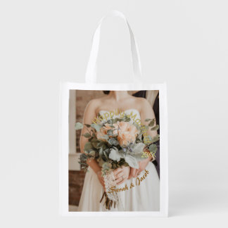 HAPPILY MARRIED YELLOW GREEN PASTEL BROWN PHOTO YE GROCERY BAG