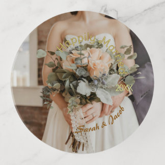HAPPILY MARRIED YELLOW GREEN PASTEL BROWN PHOTO YE TRINKET TRAY