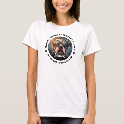 Happily owned by custom pet name photo  T_Shirt