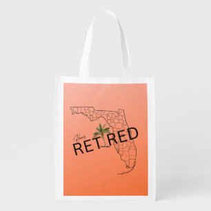 Happily Retired Florida Map and Tropical Palm Tree Grocery Bag