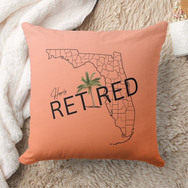 Happily Retired Florida Map and Tropical Palm Tree Throw Pillow (Blanket)
