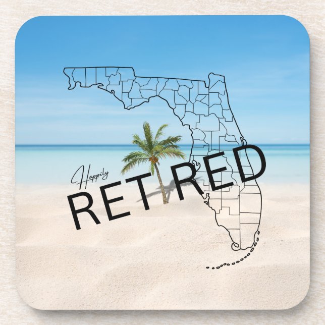 Happily Retired Florida Tropical Beach & Palm Tree Beverage Coaster (Front)