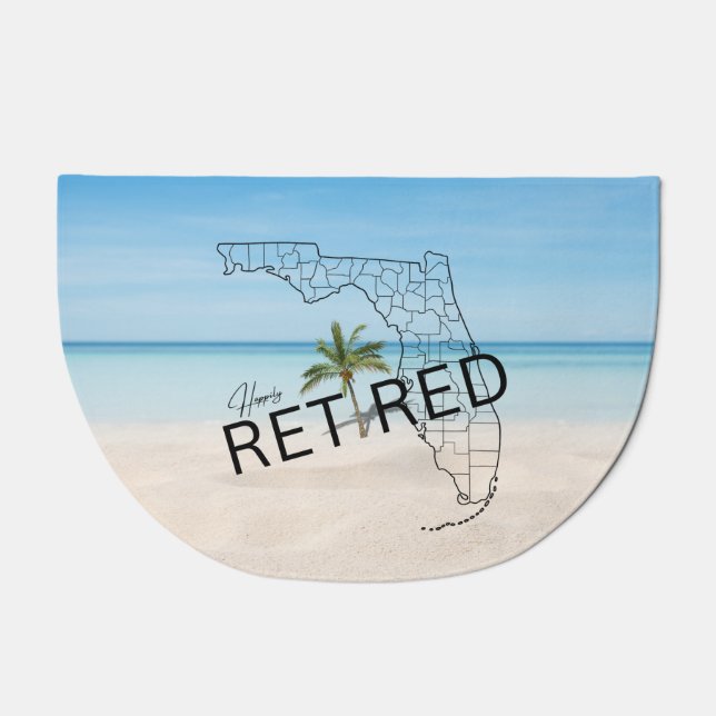 Happily Retired Florida Tropical Beach & Palm Tree Doormat (Front)
