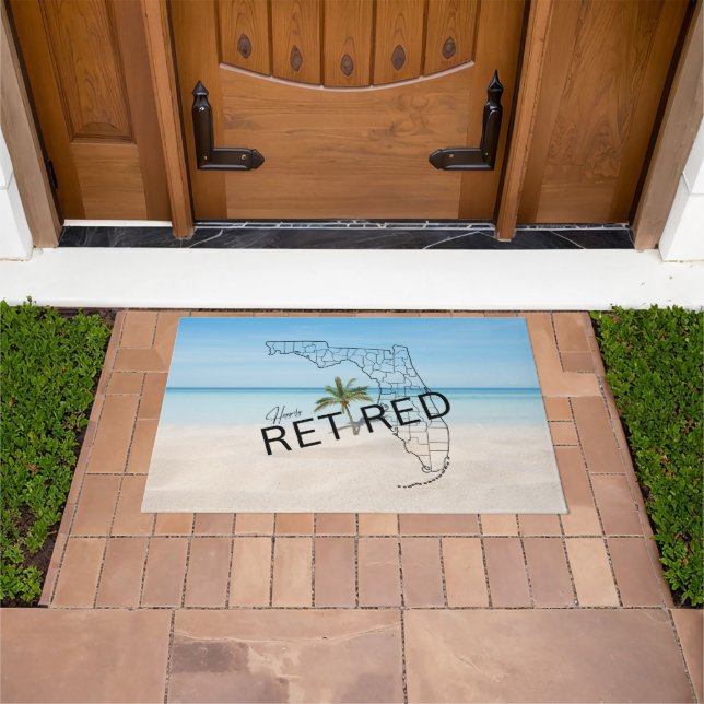 Happily Retired Florida Tropical Beach & Palm Tree Doormat (Outdoor)