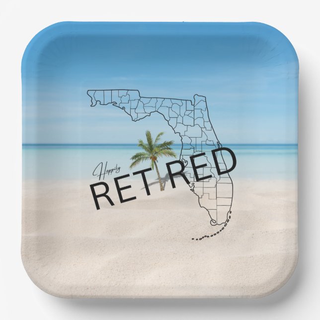 Happily Retired Florida Tropical Beach & Palm Tree Paper Plates (Front)