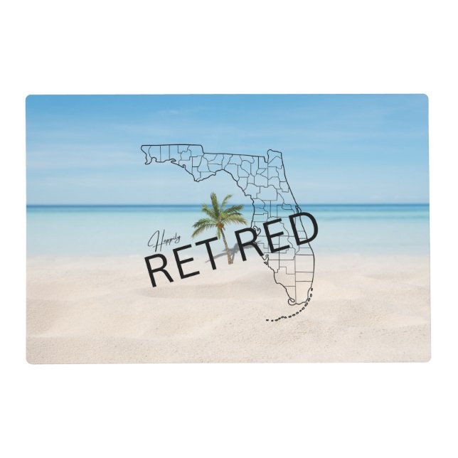 Happily Retired Florida Tropical Beach & Palm Tree Placemat (Front)