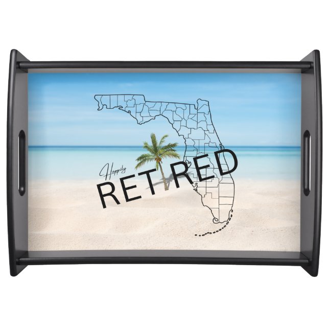 Happily Retired Florida Tropical Beach & Palm Tree Serving Tray (Front)