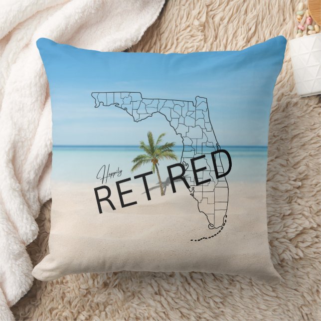 Happily Retired Florida Tropical Beach & Palm Tree Throw Pillow (Blanket)