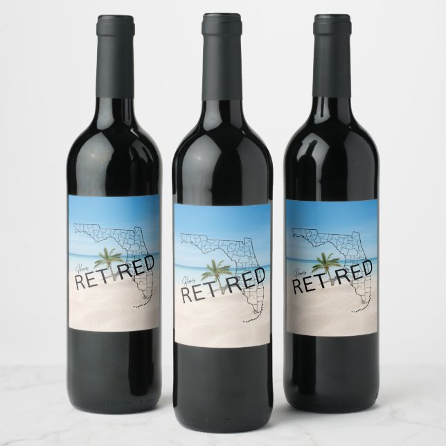 Happily Retired Florida Tropical Beach & Palm Tree Wine Label (Bottles)