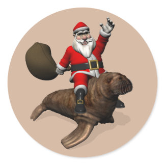 Happily Waving Santa Claus Riding On Walrus Classic Round Sticker
