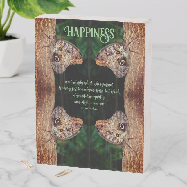 Happiness Brown Butterfly Abstract Inspirational  Wooden Box Sign (In Situ Vertical)