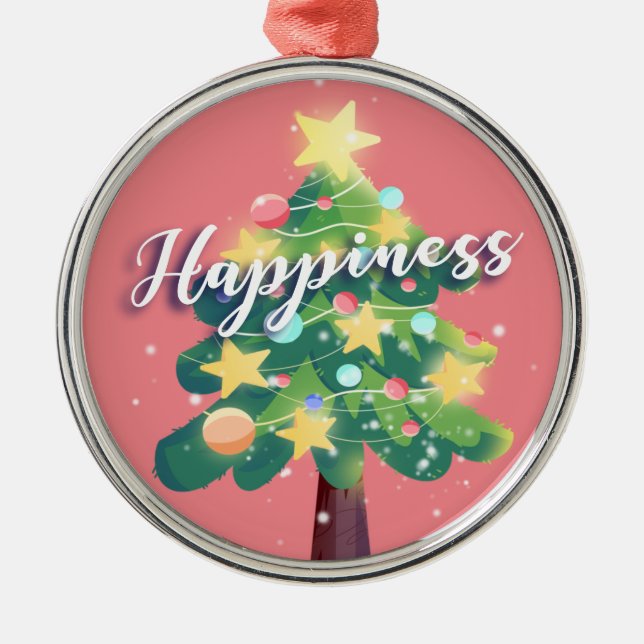 Happiness Carton Christmas Tree Pink  Metal Ornament (Front)