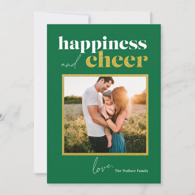 Happiness Cheer Green Gold Glitter Framed Photo Ho Holiday Card (Front)