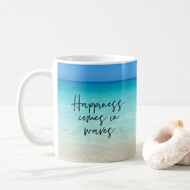 Happiness Comes in Waves Beach Quote Coffee Mug (With Donut)
