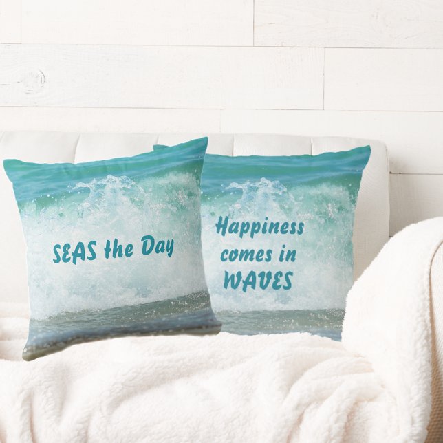 Happiness Comes in Waves Seas the Day Throw Pillow (Creator Uploaded)