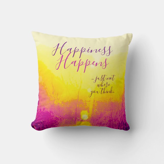 "Happiness Happens" Yellow, Magenta Motif Throw Pillow (Front)