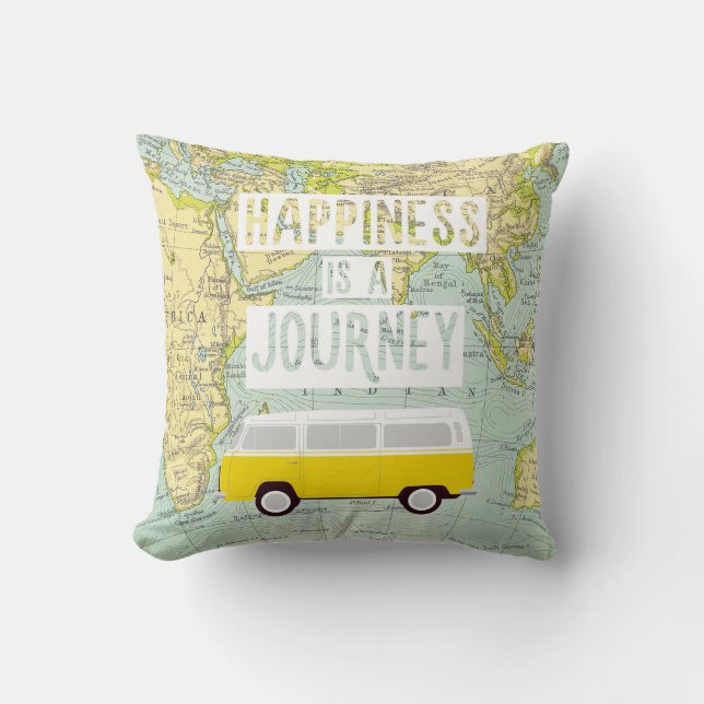 Happiness is a journey, car, world map throw pillow (Front)