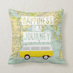 Happiness is a journey, car, world map throw pillow