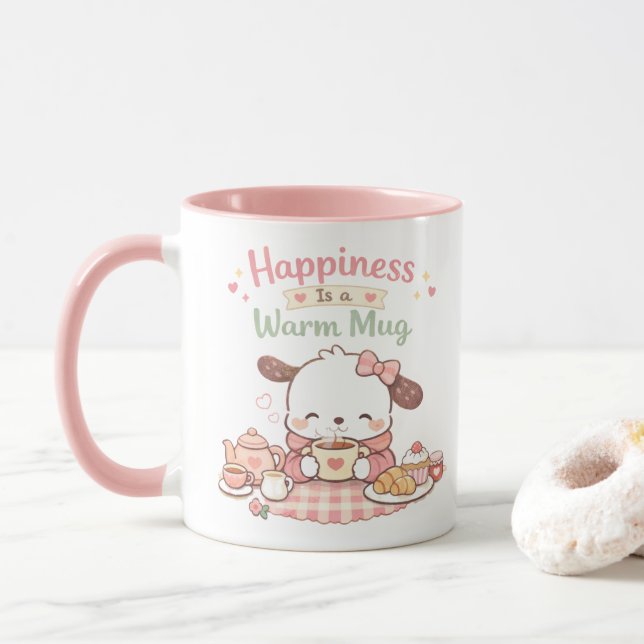 Happiness is a Warm Mug Cute Puppy Dog Pink Mug (With Donut)