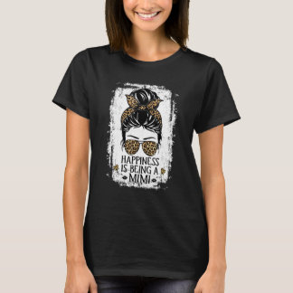 Happiness Is Being A Mimi Women Messy Bun Leopard T-Shirt