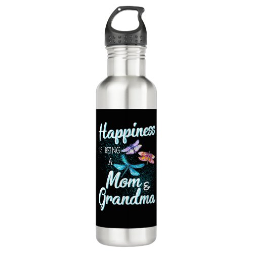 Happiness Is Being A Mom And Grandma Funny Dragonf Stainless Steel Water Bottle