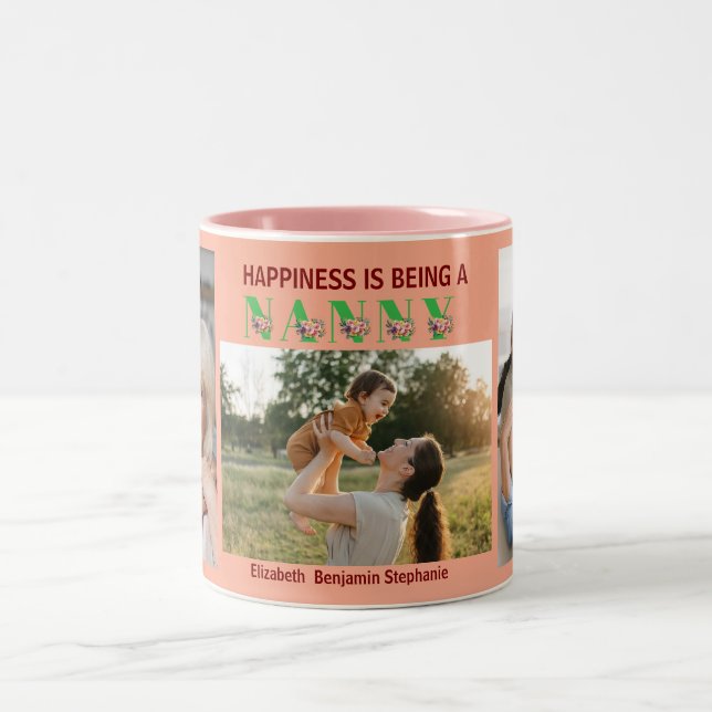 Happiness is Being a NANA Floral 3 Photo Name Two-Tone Coffee Mug (Center)