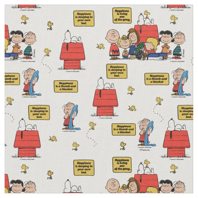 Happiness Is! Classic Peanuts Gang Quote Fabric (Close Up)