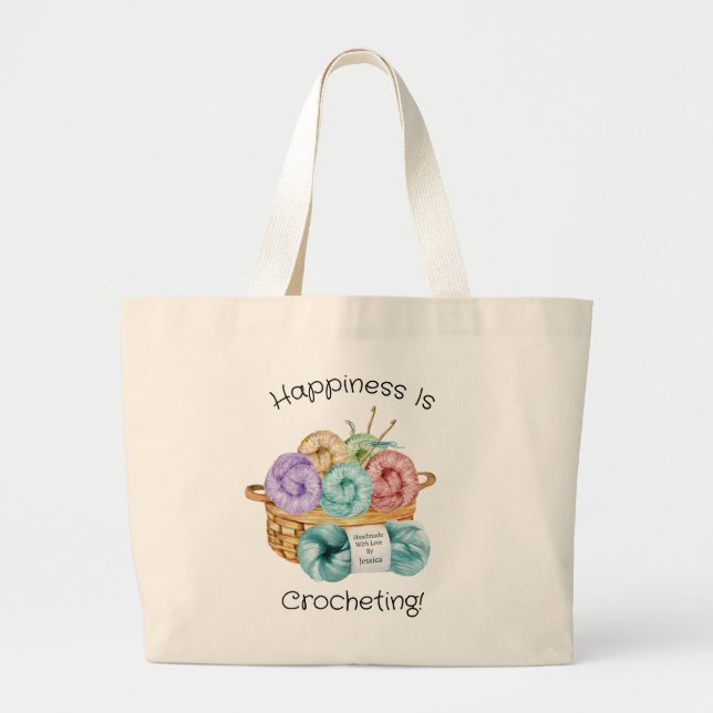 Happiness Is Crocheting Personalized Large Tote Bag (Front)