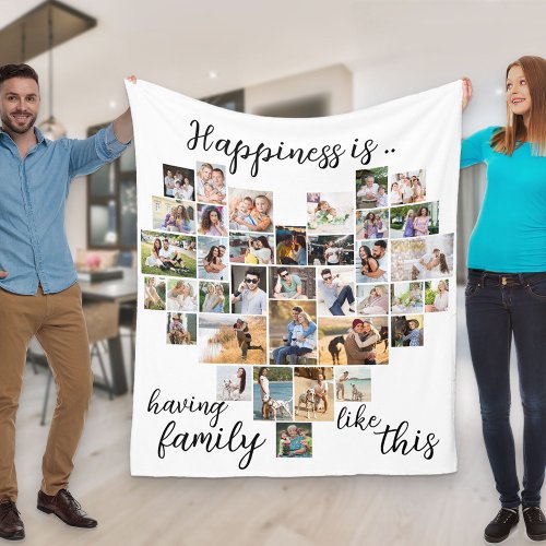 Happiness is Heart Shaped 36 Photo Collage White Fleece Blanket