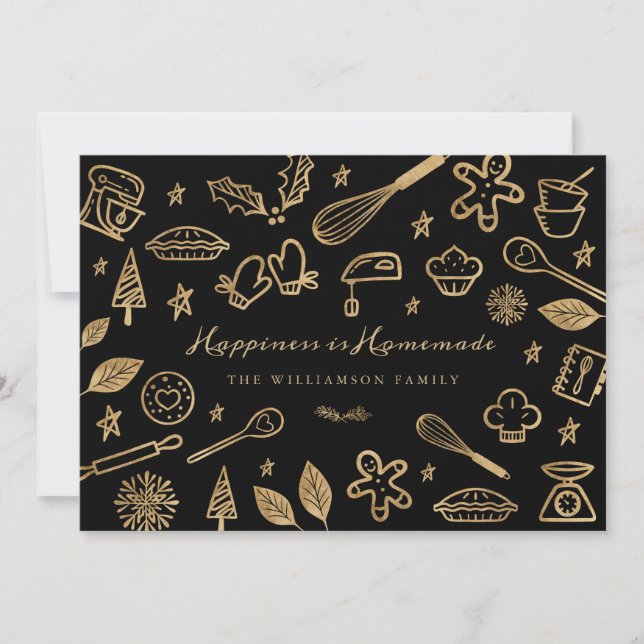 Happiness Is Homemade Gold & Black Baking Recipe Holiday Card (Front)