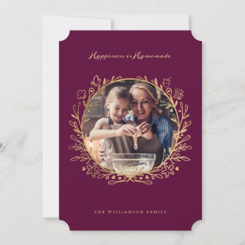 Happiness Is Homemade Gold Burgundy Baking Wreath Holiday Card
