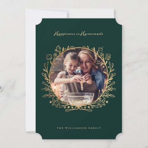 Happiness Is Homemade Gold  Green Baking Wreath Holiday Card