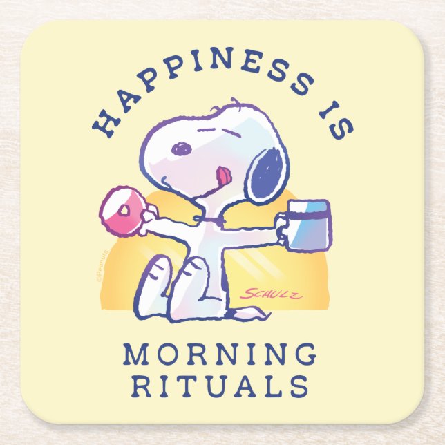 Happiness is Morning Rituals Square Paper Coaster (Front)