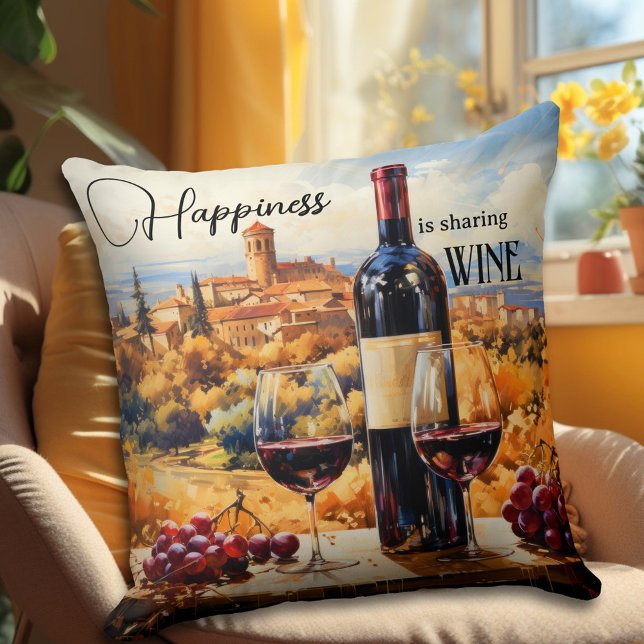 Happiness Italian Landscape Wine Art Throw Pillow (An artistic design pillow featuring an Italian fantasy landscape painting with red wine.)