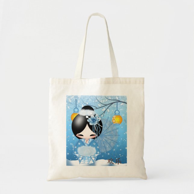 Happiness Kokeshi Doll, in her winter scene Tote Bag (Front)