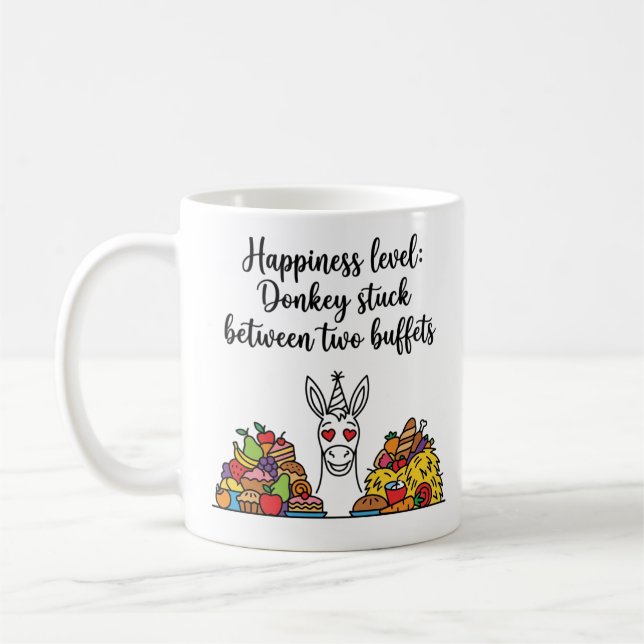 Happiness Level: Donkey Stuck Between Two Buffets Coffee Mug (Left)