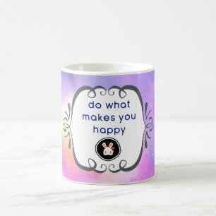 Happiness Quote with Surreal Clouds and a Bunny Coffee Mug
