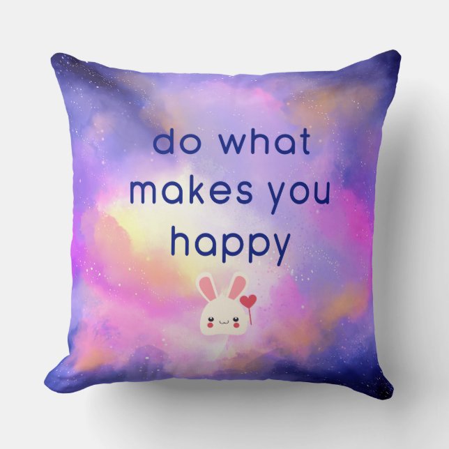 Happiness Quote with Surreal Clouds and Bunny Throw Pillow (Front)