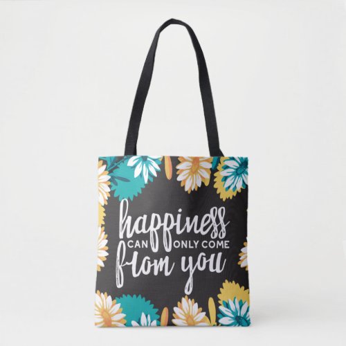 Happiness Quotes with Daisy Flower Pattern Tote Bag