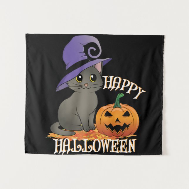 Happpy Halloween Cat with Pumpkin Tapestry (Front (Horizontal))