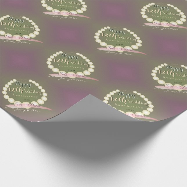 "Happy12th Wedding Anniversary" Pearl Graphic Wrapping Paper (Corner)
