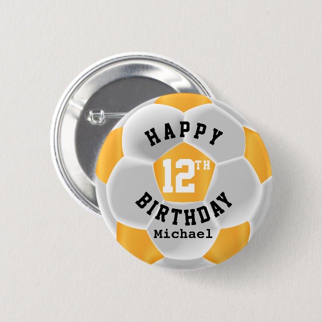 Happy 00th Birthday - Gold Yellow Soccer Ball Button (Front & Back)