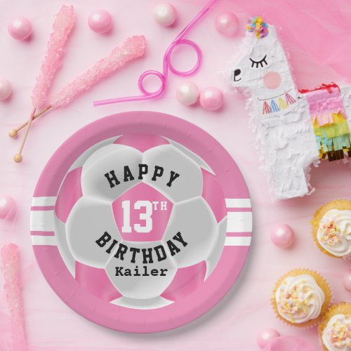 Happy 00th Birthday _ Pink and White Soccer Ball Paper Plates