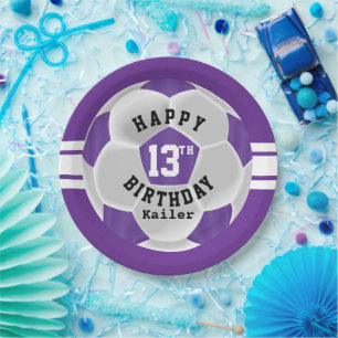 Happy 00th Birthday - Purple and White Soccer Ball Paper Plates