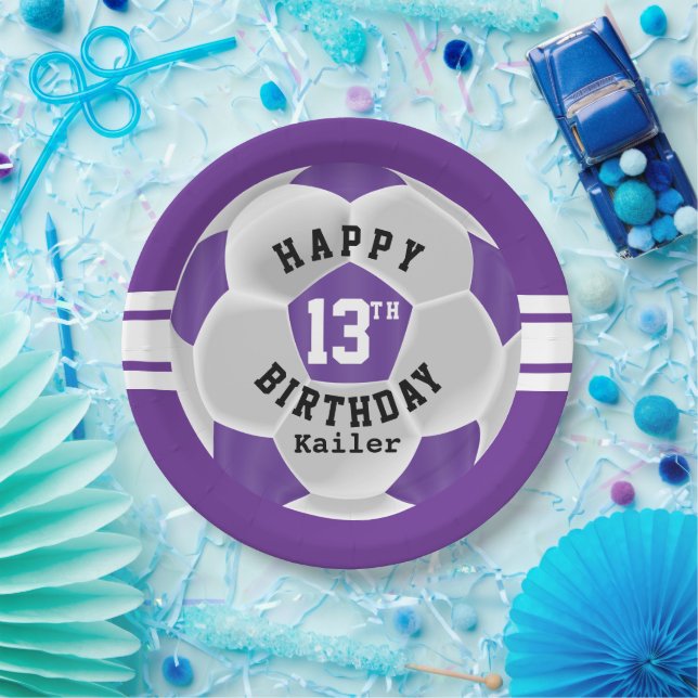Happy 00th Birthday - Purple and White Soccer Ball Paper Plates (Party)