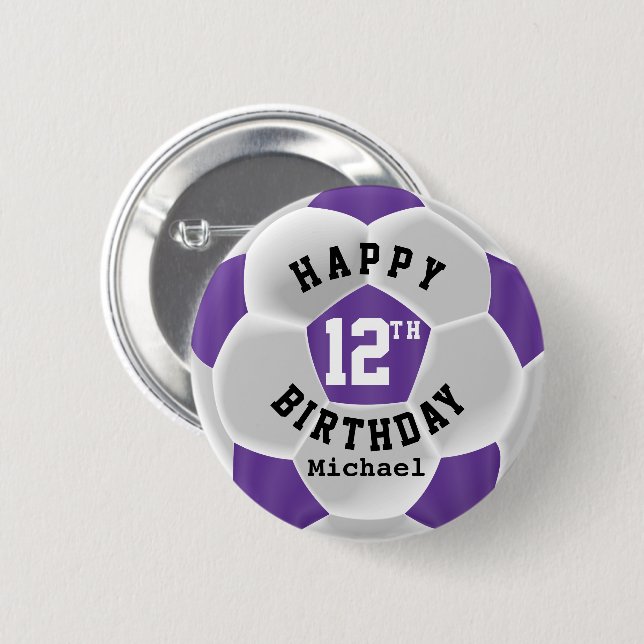Happy 00th Birthday - Purple Soccer Ball Button (Front & Back)