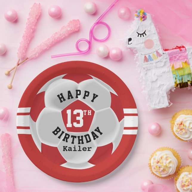 Happy 00th Birthday - Red Soccer Ball Paper Plates (Party)