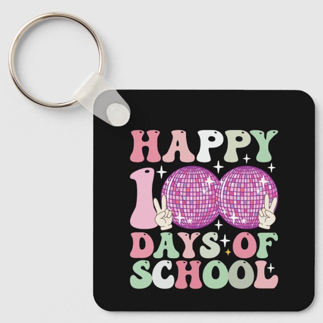 Happy 100 Days Of School Disco Ball Groovy Retro Keychain (Front)